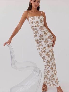 Peppermayo Lara Maxi Slip Dress with Gold Floral Print